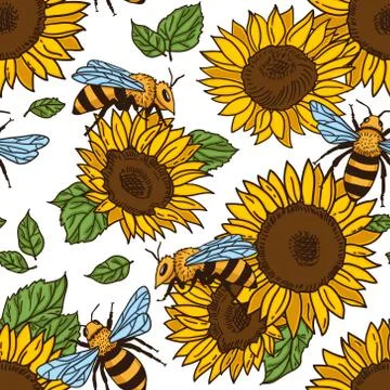 Vector seamless pattern with bees. Black and yellow texture Stock Illustration
