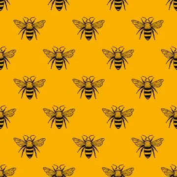 Vector seamless pattern with bees. Black and yellow texture Stock Illustration