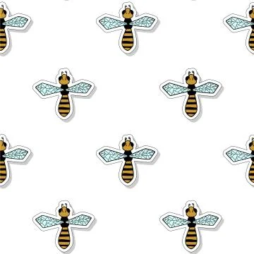 Vector Seamless Pattern With Bees, Hand drawn. Sticker. For Pattern, Wallpape 스톡 일러스트