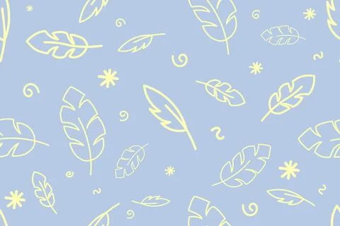 Vector seamless pattern with beige falling feathers on a blue background, doodle Illustrazione stock