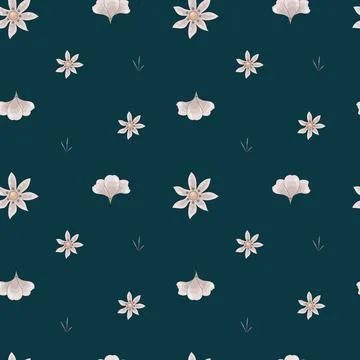 Vector seamless pattern of beige wild flowers on a dark blue background. Stock Illustration