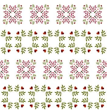 Vector seamless pattern of berries, leaves and heart on a white background. Stock Illustration