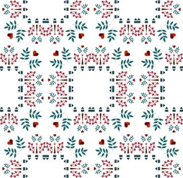 Vector seamless pattern of berries, leaves and heart on a white background. Stock Illustration