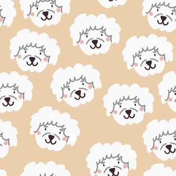 Vector seamless pattern with bichon dogs faces on light beige background. Illustrazione stock