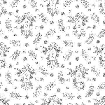 Vector seamless pattern with birds and birdhouses doodle Stock Illustration