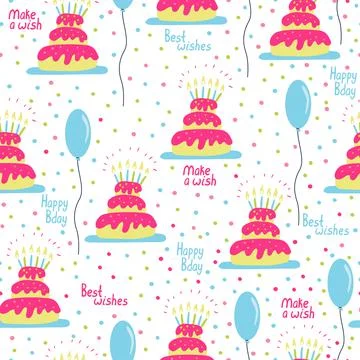 Vector seamless pattern with birthday cakes and balloons. Stock Illustration