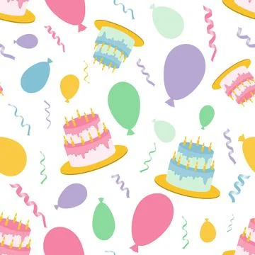 Vector seamless pattern. Birthday. Cakes, balls and streamers. Stock Illustration