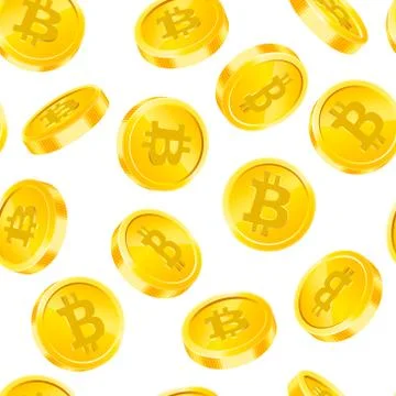 Vector seamless pattern with Bitcoin gold coins in different angles isolated on Stock Illustration