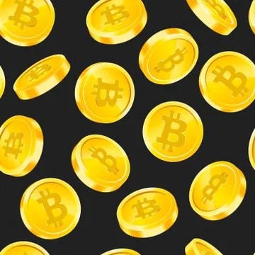 Vector seamless pattern with Bitcoin gold coins in different angles on black Stock Illustration
