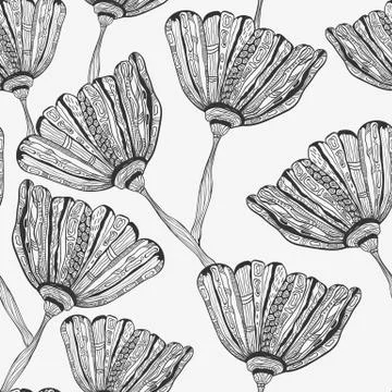 Vector seamless pattern with bizarre flowers Stock Illustration