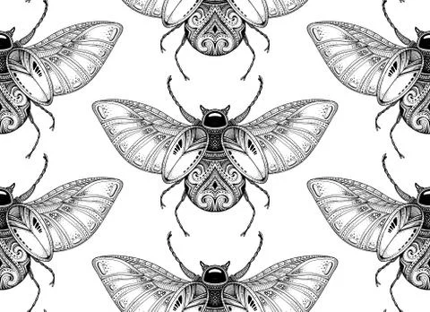 Vector seamless pattern with black and white hand drawn stylized beetle Stock Illustration