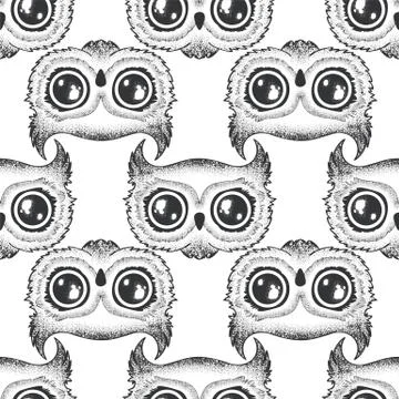 Vector seamless pattern with black and white hand drawn owls isolated on whit Stock Illustration
