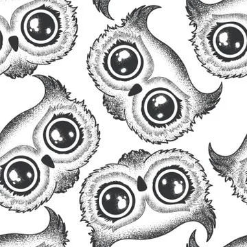 Vector seamless pattern with black and white hand drawn owls isolated on whit Stock Illustration
