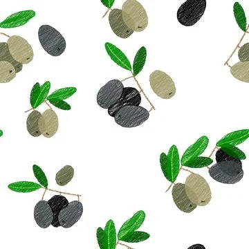 Vector seamless pattern of black and green painted olives. The pattern is Stock Illustration