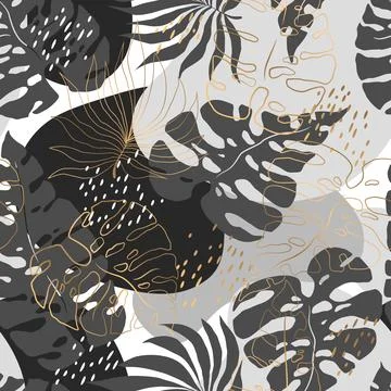 Vector seamless pattern with black and gold hand drawn tropical plants, mon.. Illustrazione stock
