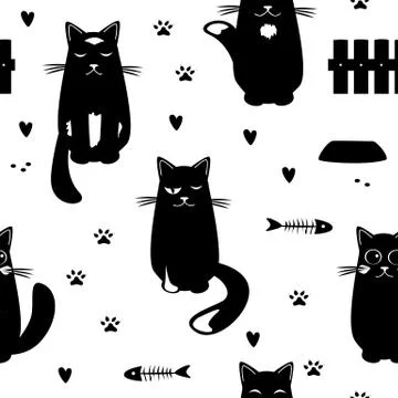 Vector seamless pattern with black cats, fish skeletons, hearts, and paw prin Stock Illustration