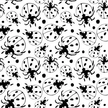 Vector seamless pattern of black contour ladybugs of different sizes in flat  Stock Illustration