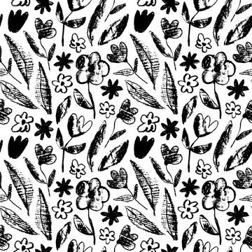 Vector seamless pattern with black flower imprints Stock Illustration