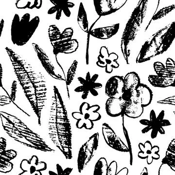 Vector seamless pattern with black flower imprints Stock Illustration