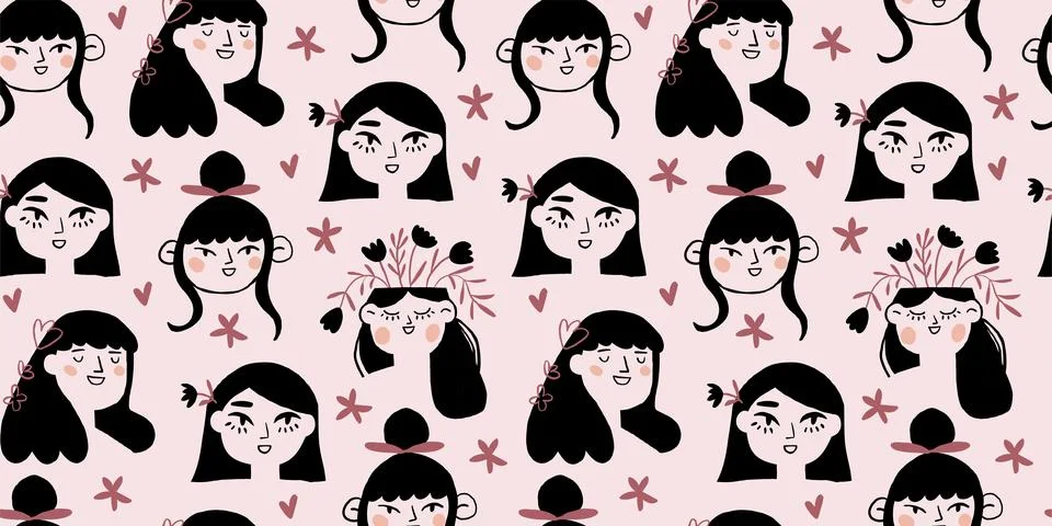 Vector seamless pattern with black hair girl portraits. Red hair women. Spring Illustrazione stock