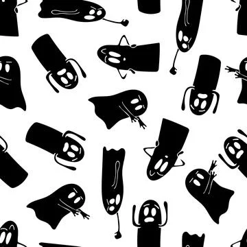 Vector seamless pattern with black halloween ghost on white background. Hand- Stock Illustration