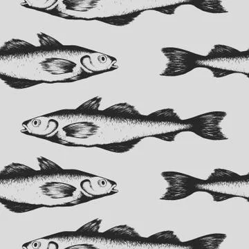 Vector seamless pattern with black hand drawn fishes isolated on grey backgro Illustrazione stock