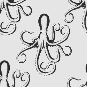 Vector seamless pattern with black hand drawn octopuses isolated on grey back Stock Illustration