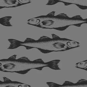 Vector seamless pattern with black hand drawn fishes isolated on grey backgro Stock Illustration