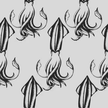 Vector seamless pattern with black hand drawn squid isolated on grey backgrou Stock Illustration