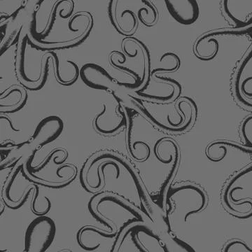Vector seamless pattern with black hand drawn octopuses isolated on grey back Stock Illustration