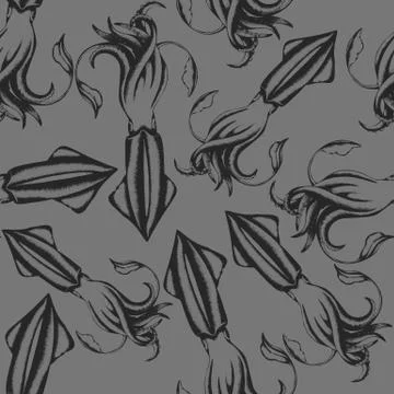 Vector seamless pattern with black hand drawn squid isolated on grey backgrou Stock Illustration