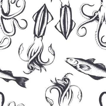 Vector seamless pattern with black hand drawn squids, fishes, octopuses isola Stock Illustration