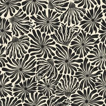 Vector seamless pattern with black hand drawn abstract flowers isolated on .. Stock Illustration
