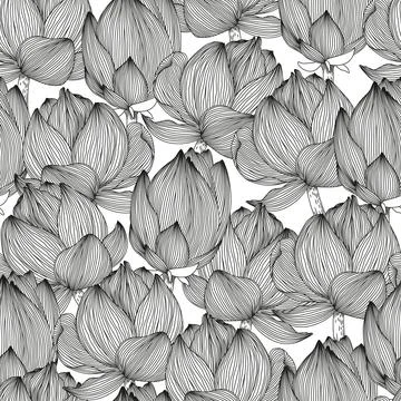 Vector seamless pattern with black hand drawn abstract lotus flowers isolat.. Stock Illustration