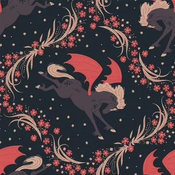 Vector seamless pattern with black horse with red dragon wings, hand drawn Illustrazione stock
