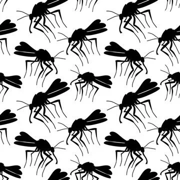 Vector seamless pattern of black mosquitos, moths, midges in flat style. Simp 스톡 일러스트