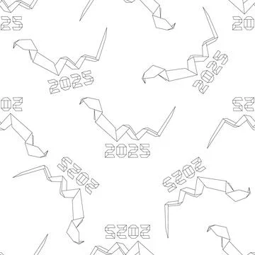 Vector seamless pattern with black origami snake under number 2025. Illustrazione stock