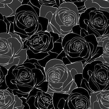 Vector seamless pattern. Black outline rose flowers on dark background イラスト素材