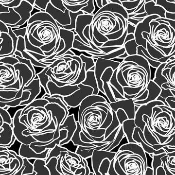 Vector seamless pattern. Black outline rose flowers on dark background Stock Illustration