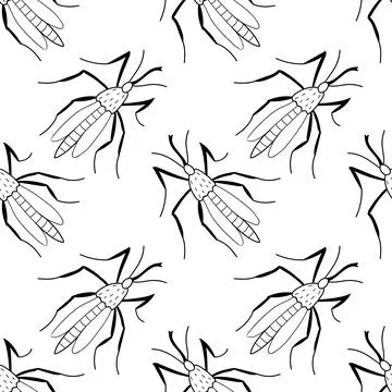 Vector seamless pattern of black outline mosquitos, moths, beetles in doodle  스톡 일러스트