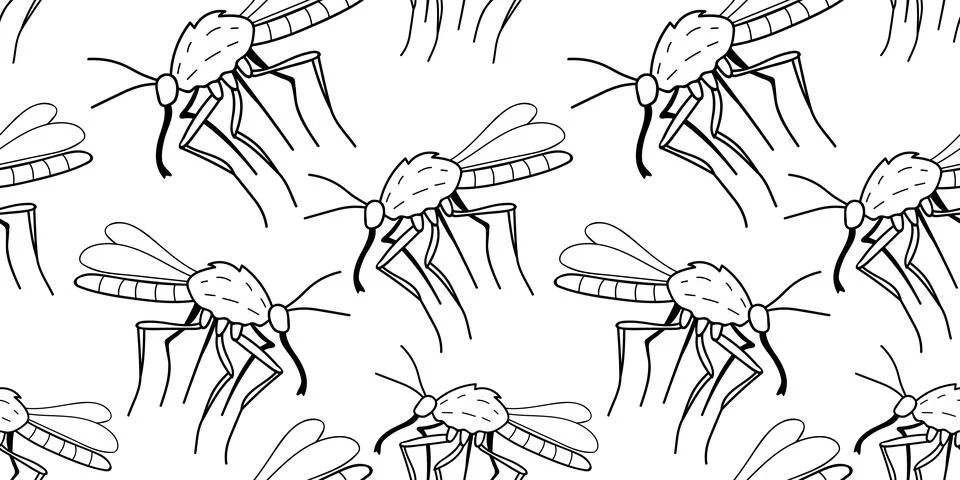 Vector seamless pattern of black outline mosquitos, moths, midges in doodle s 스톡 일러스트