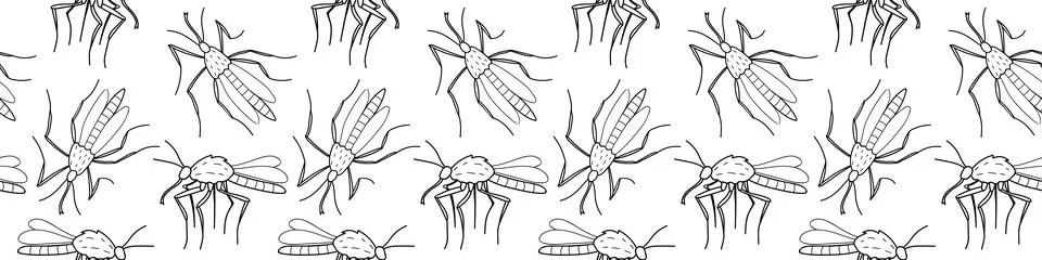 Vector seamless pattern of black outline mosquitos, moths, midges in doodle s Illustrazione stock