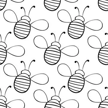 Vector seamless pattern of black outline fat little bees in doodle style. Cut 库存插图