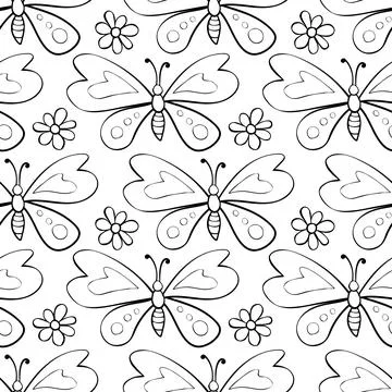 Vector seamless pattern of black outline cute butterflies and flowers in Dood Illustrazione stock