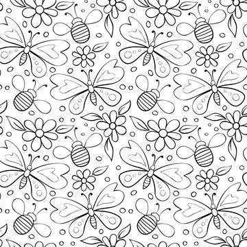 Vector seamless pattern of black outline butterflies, honey bees and flowers. Stock Illustration