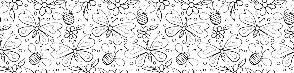 Vector seamless pattern of black outline butterflies, honey bees and flowers. Stock Illustration