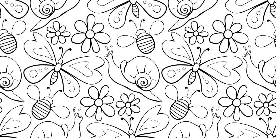 Vector seamless pattern of black outline butterflies, honey bees, snails and  イラスト素材