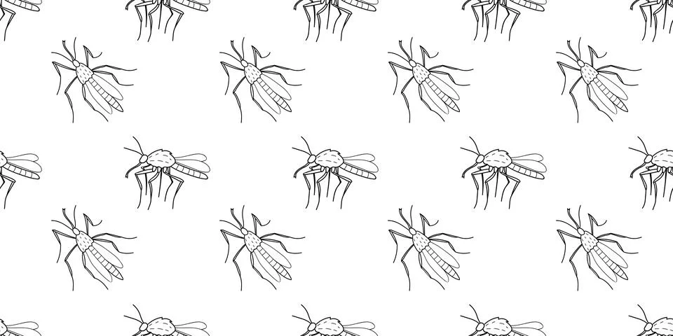 Vector seamless pattern of black outline mosquitos, moths, midges in doodle s 스톡 일러스트