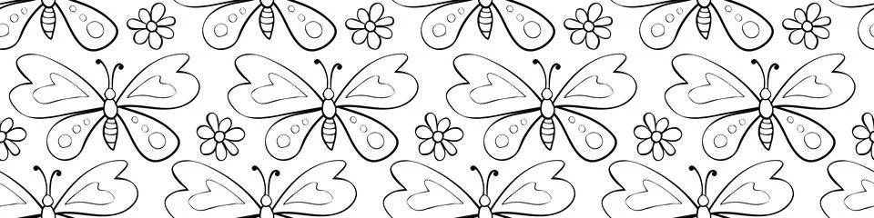 Vector seamless pattern of black outline cute butterflies and flowers in Dood Illustrazione stock