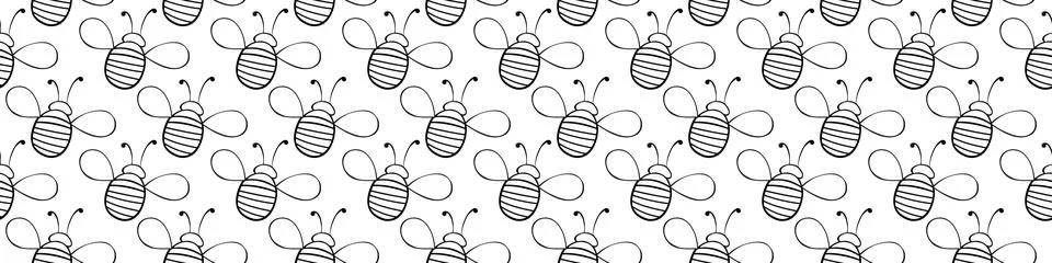 Vector seamless pattern of black outline fat little bees in doodle style. Cut Stock Illustration